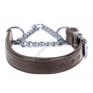 Adjustable PADDED Half check / Martingale Leather Dog Collar - Brown with Brown Lining. (Stainless Steel Chain)